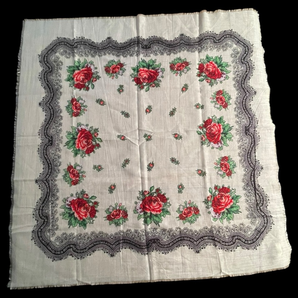 Red Rose Print Scarf By 5th Ave | Size 31x30 Japan | Feminine & Colorful!